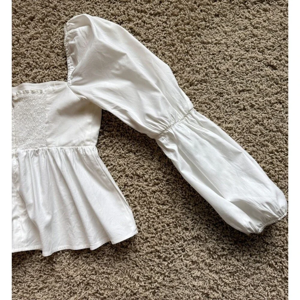 Reformation Organic Cotton Puff Sleeve Peasant Top Smocked Back Ivory Size 2